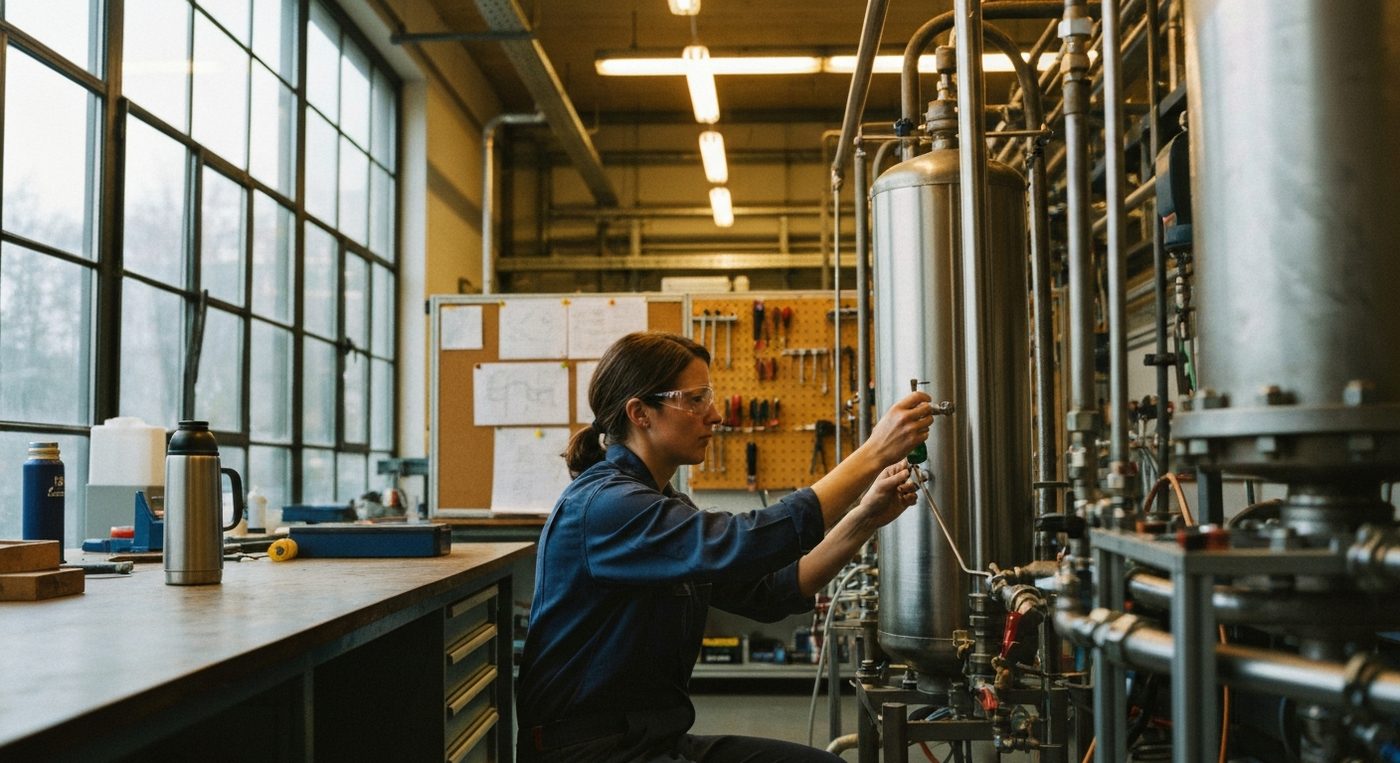 Engineer in workshop adjusting gas purification column under warm lighting