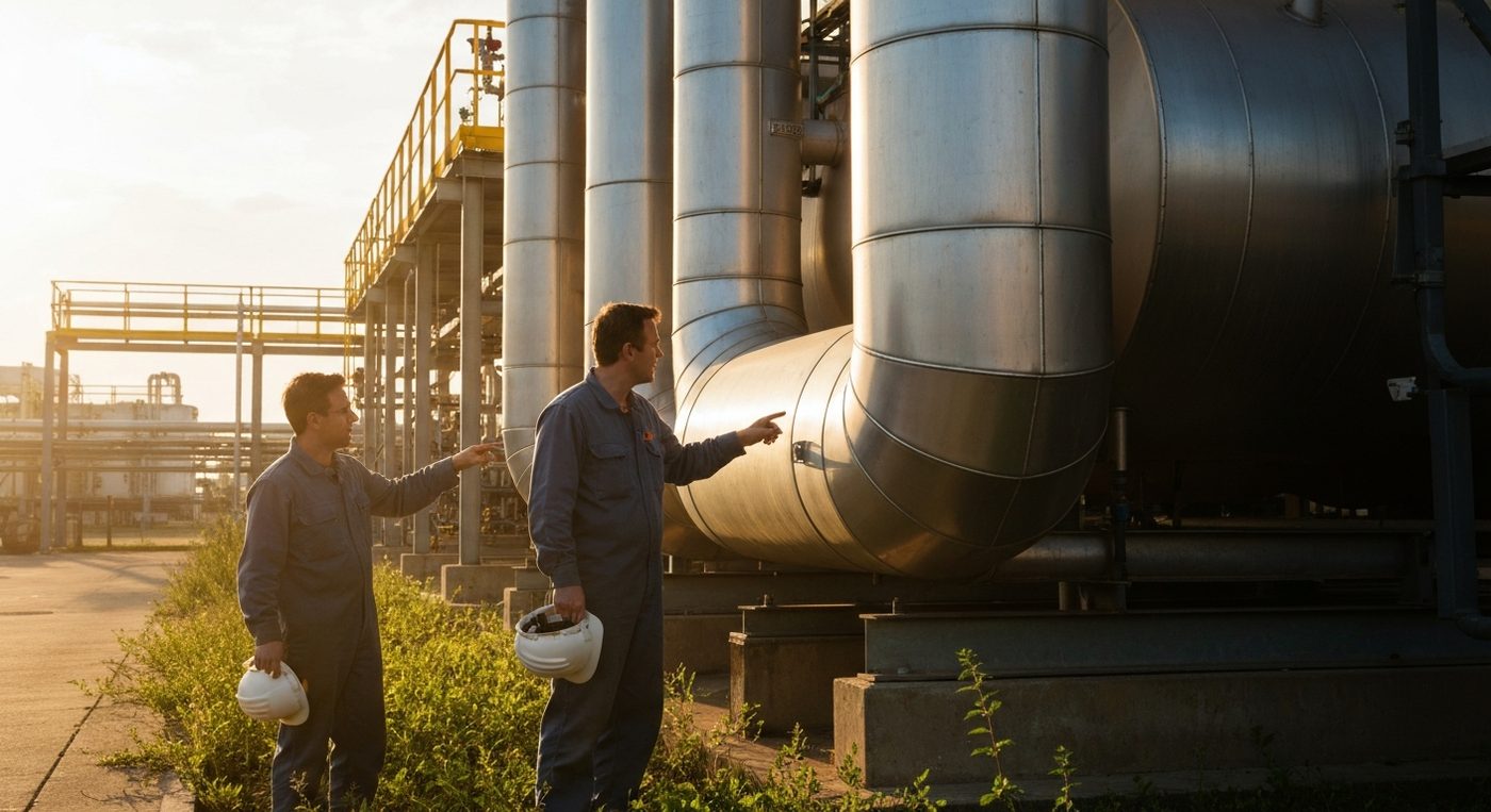 Engineers discussing gas cleaning equipment at golden hour