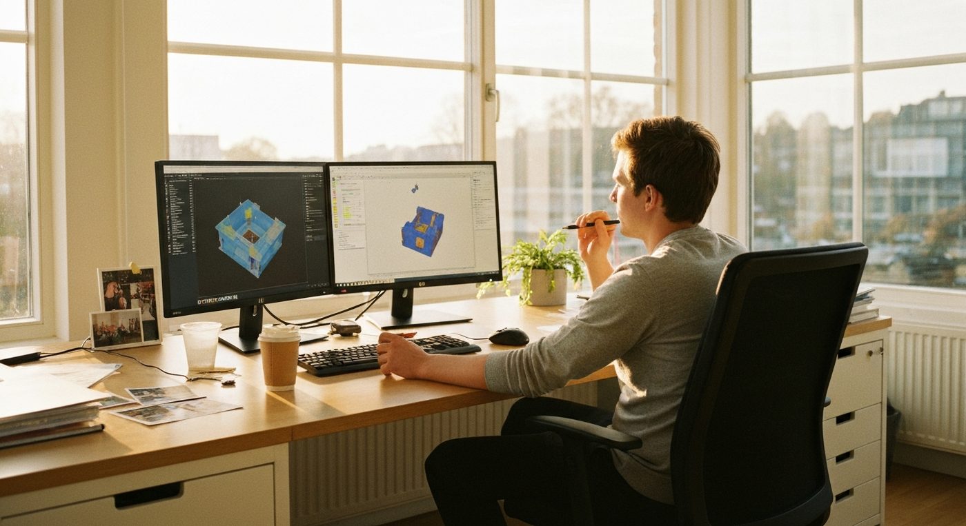 Engineer thinking at desk with morning light and 3D engineering models on screen