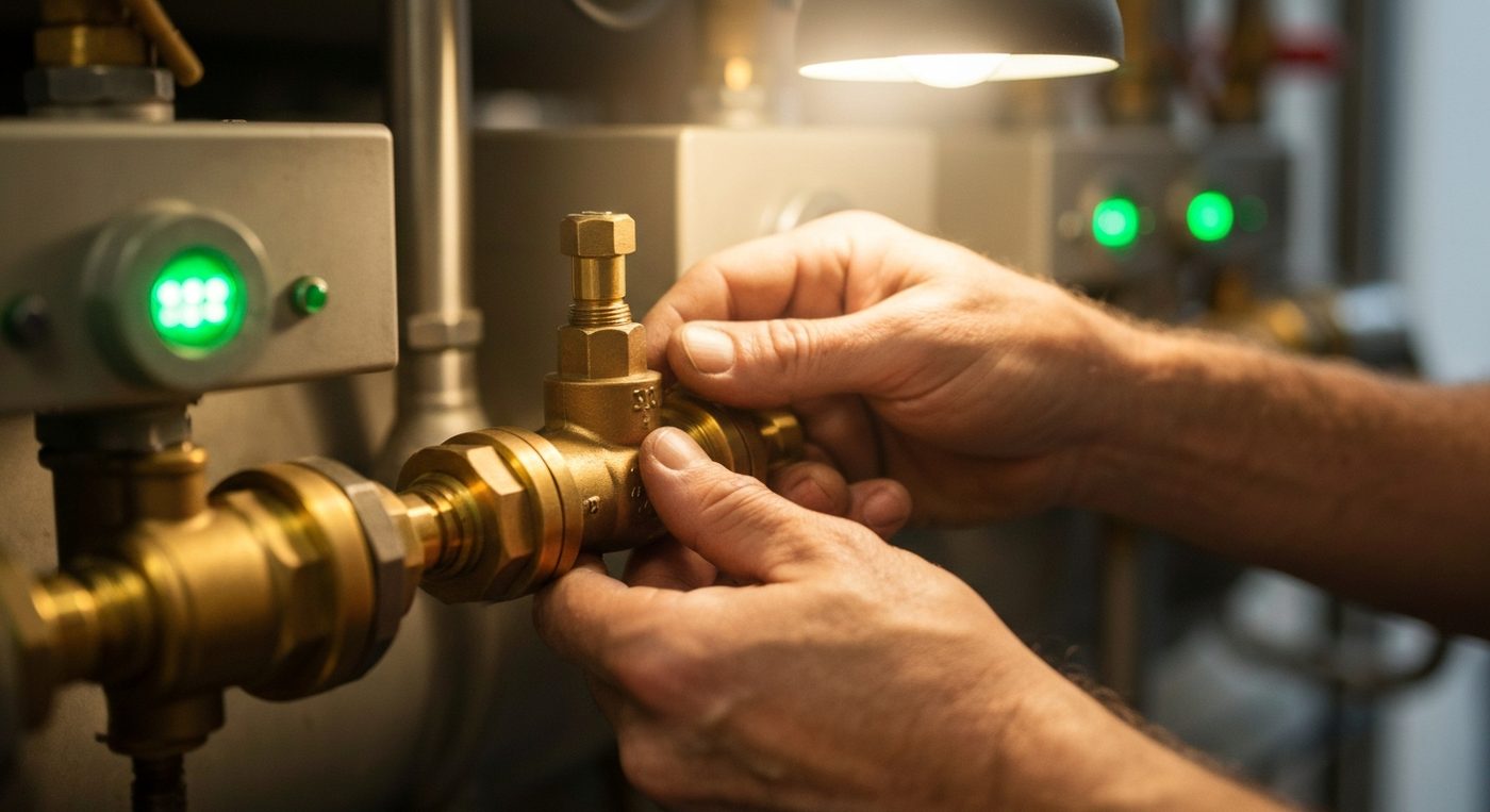 Engineer's hands adjusting precision valve on gas cleaning equipment